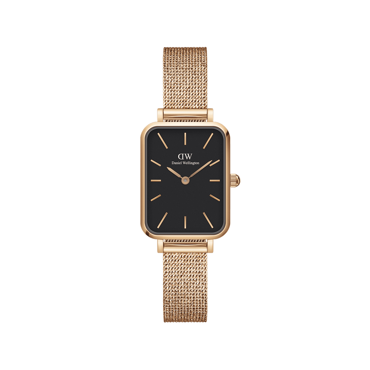 Quadro Pressed Melrose Black Rose Gold watch featuring a slim rectangular black dial, rose gold mesh bracelet, and minimalist hour markers, designed for women seeking a refined and versatile accessory.