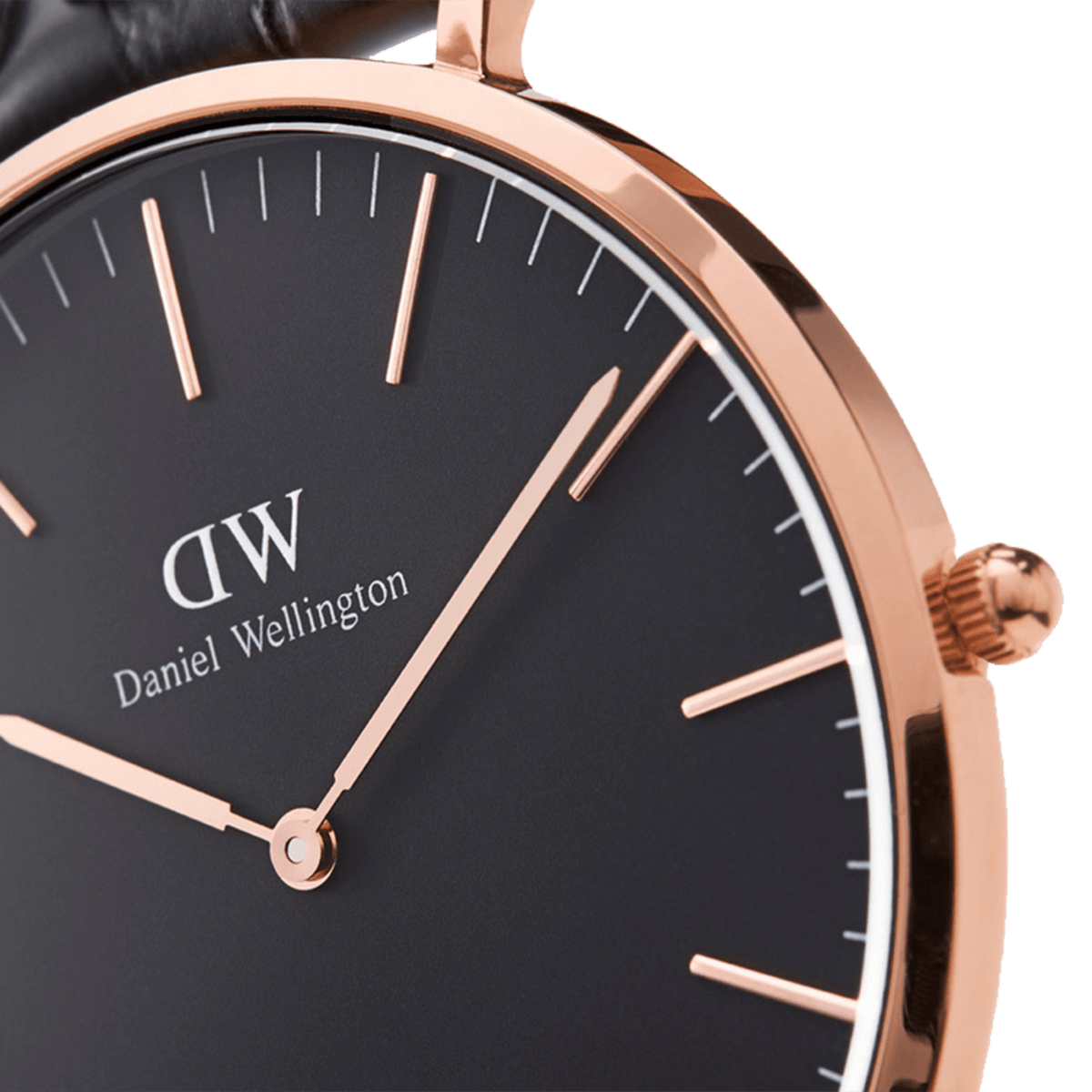 Classic Dover Black Rose Gold watch with a polished rose gold case, minimalist black dial, and slim rose gold hands, shown with a leather strap for a sophisticated everyday style.