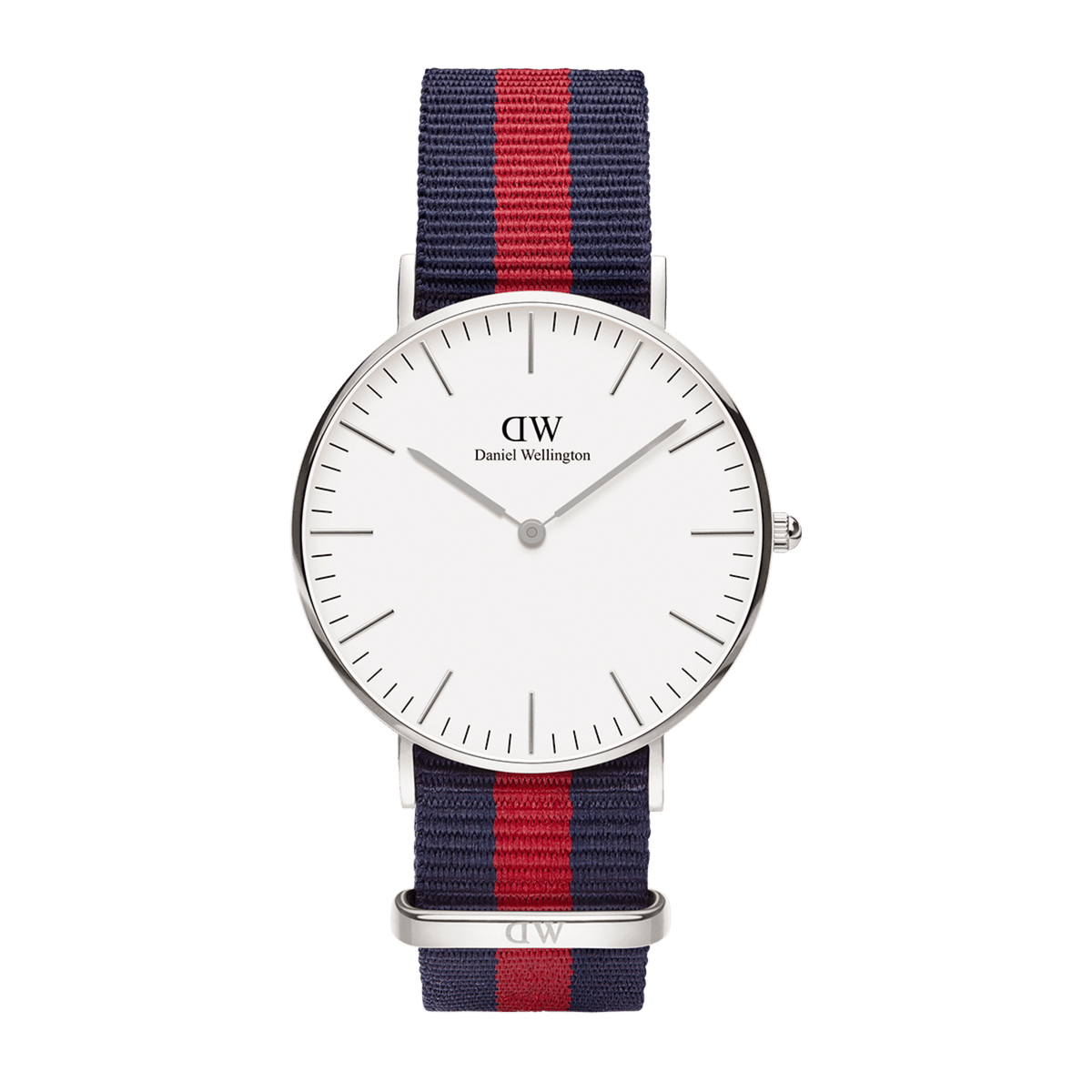 Classic Oxford Silver watch with a minimalist white dial, slim silver hour markers, and a blue and red NATO style polyester strap, featuring a polished silver case and adjustable fit.