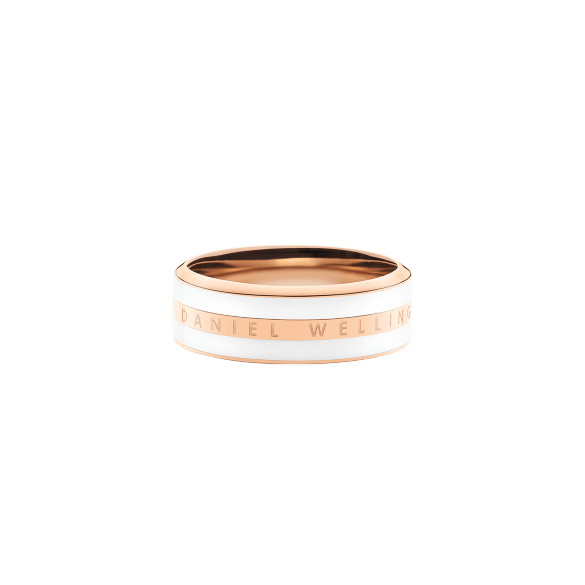 Daniel Wellington Emalie Ring Satin White Rose Gold featuring a polished rose gold band with satin white enamel detailing and engraved branding, designed in a slim, minimalist style ideal for stacking or wearing solo.