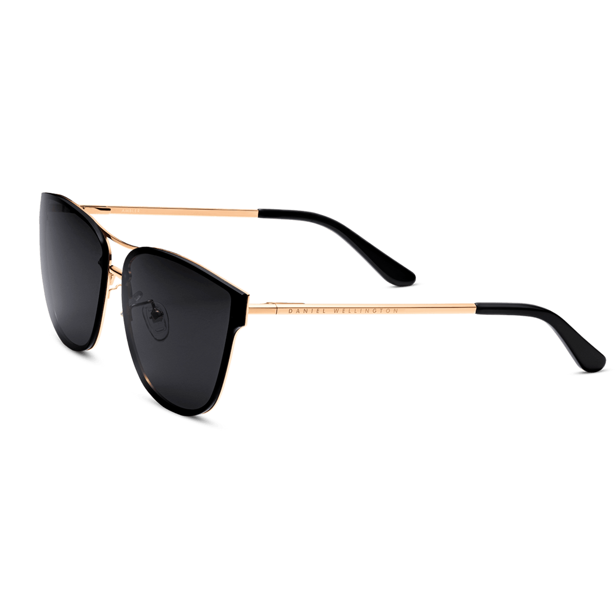 Ambler Steel Rose Gold sunglasses with a rose gold plated stainless steel frame, dark rounded nylon lenses, and black cellulose acetate temple tips, showcasing a sleek side profile and modern classic styling.