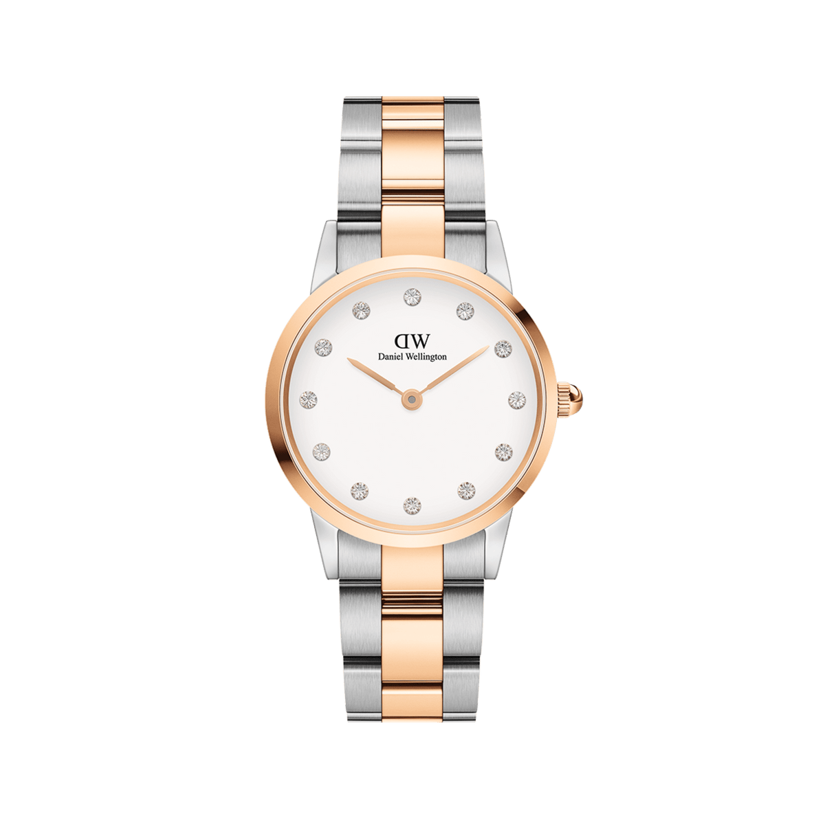 Elegant Iconic Link Lumine Rose Gold ladies watch with a two-tone stainless steel and rose gold bracelet, eggshell white dial, and crystal hour markers, designed for a comfortable fit and timeless style.
