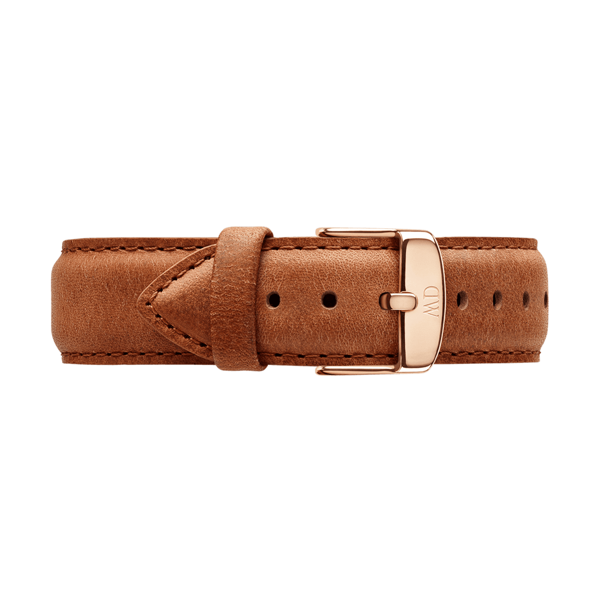 Light brown genuine leather strap for the Classic Durham Rose Gold watch, featuring detailed stitching and a polished rose gold buckle for a refined finish.