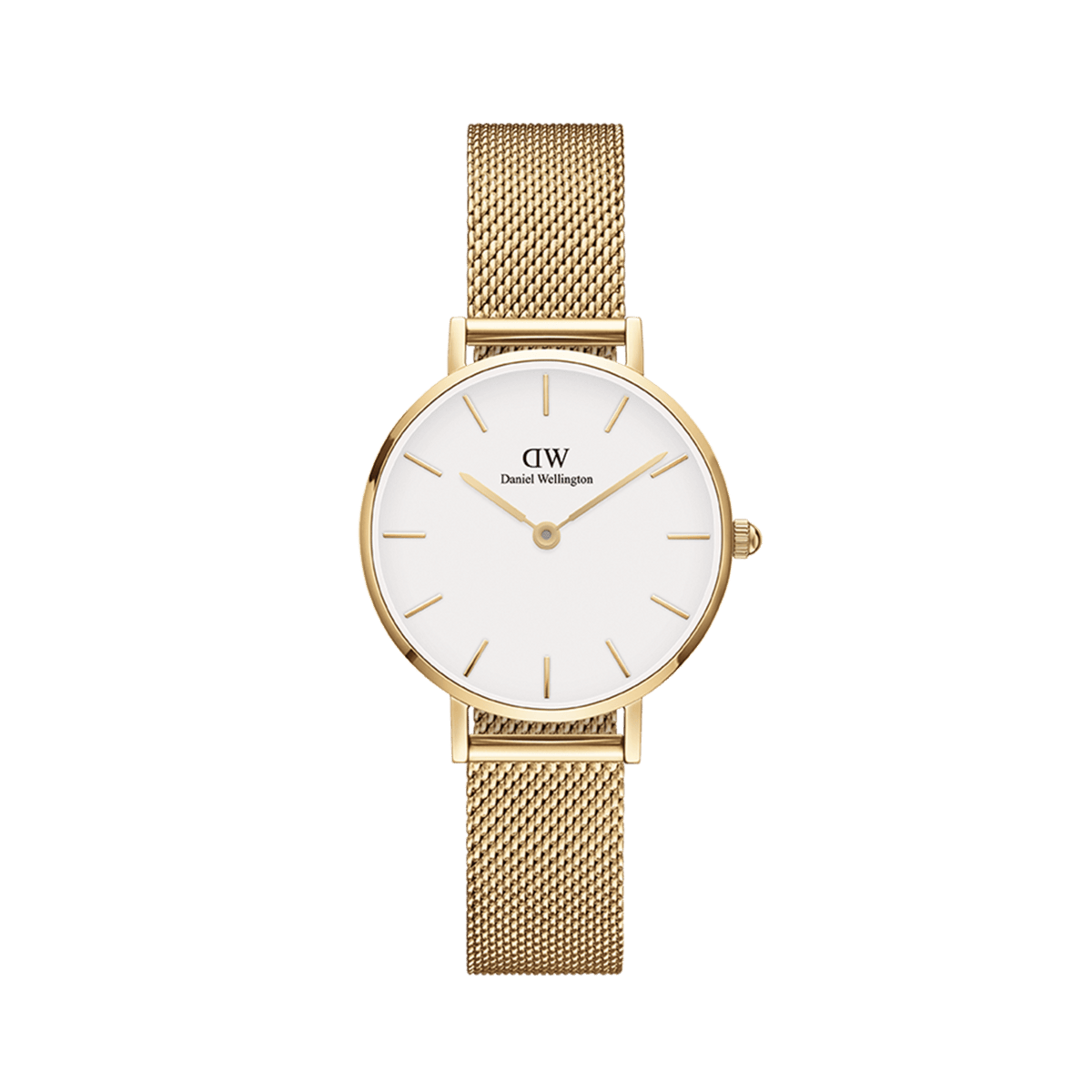 Petite Evergold gold mesh strap watch by Daniel Wellington with a minimalist eggshell white dial, slim gold hour markers, and an adjustable stainless steel band for a refined everyday look.