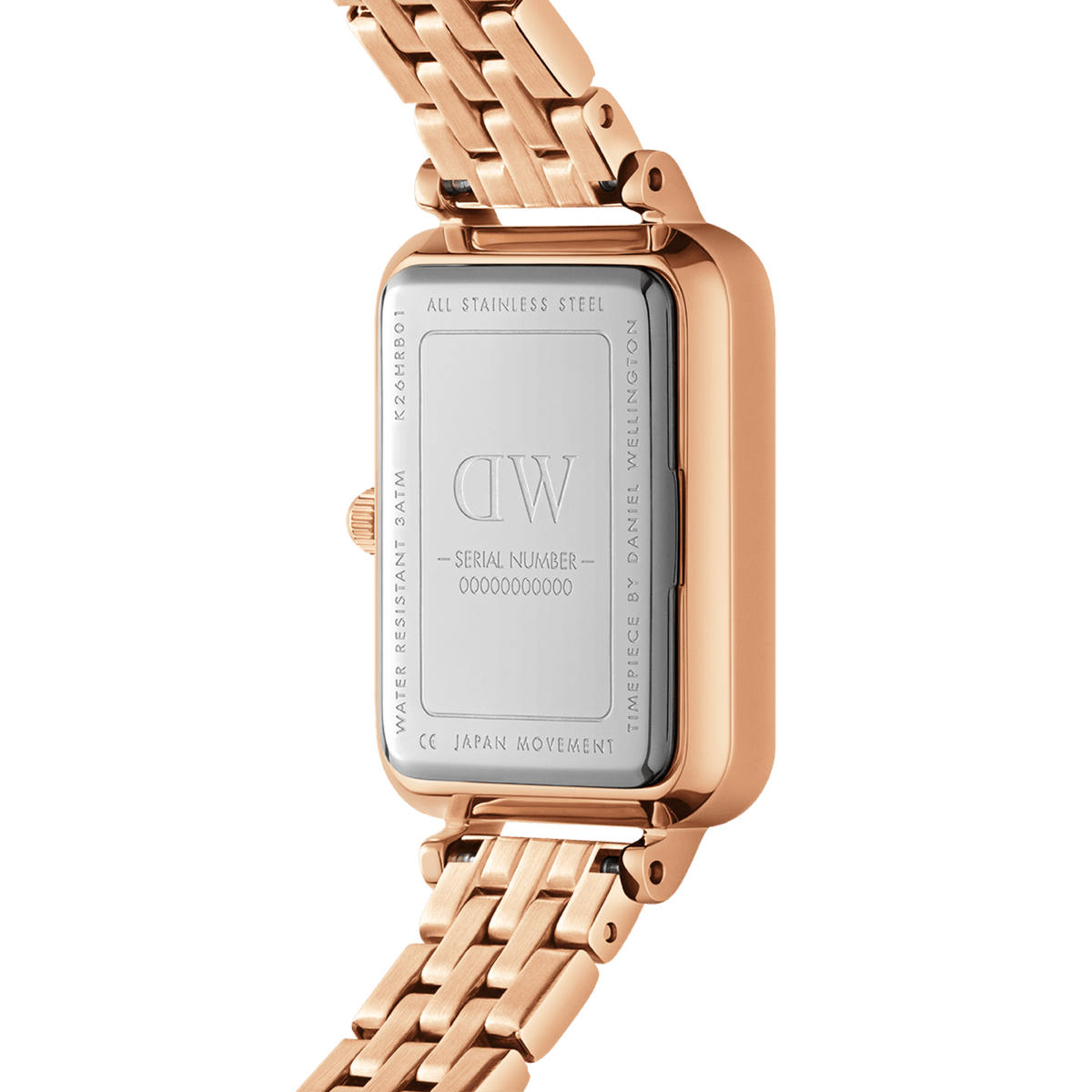 Close-up of the Quadro Lumine 5 Link Melrose White MoP Rose Gold ladies watch showing the stainless steel case back, rose gold bracelet links, and engraved details highlighting water resistance and Japanese movement.