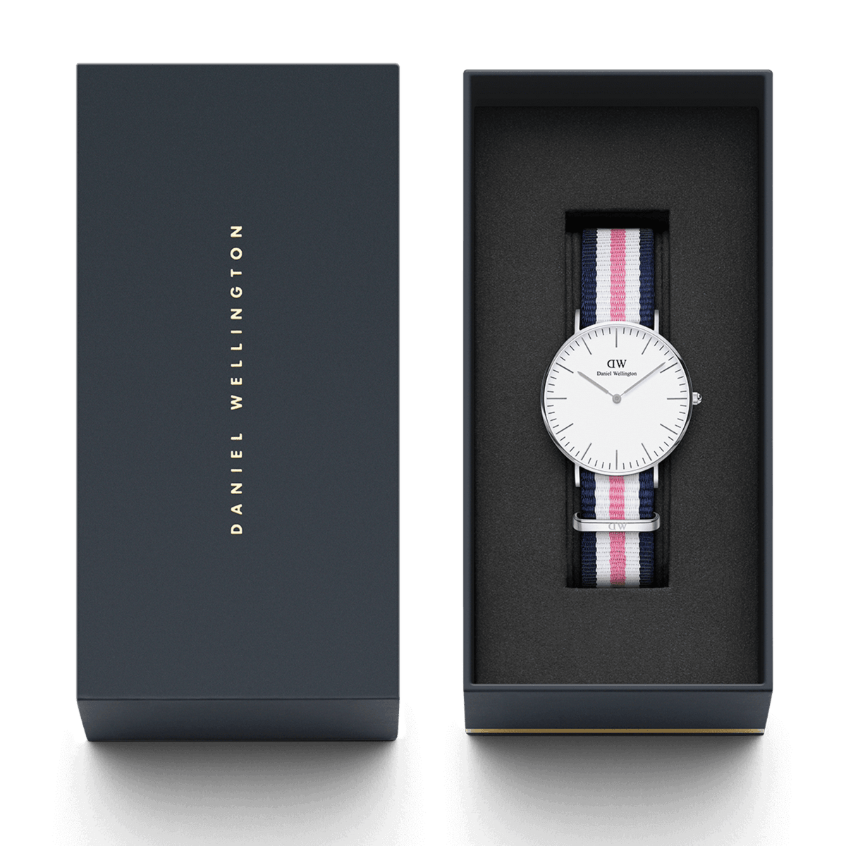 Classic Southampton Silver watch with a striped blue, pink, and white NATO strap presented in a sleek Daniel Wellington gift box, highlighting its minimalist eggshell white dial and refined packaging, ideal for gifting or special occasions.