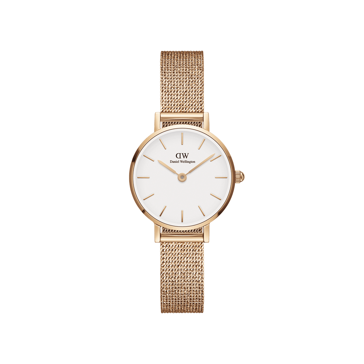 Petite Pressed Melrose Rose Gold ladies watch with a slim rose gold mesh strap and minimalist white dial, featuring a petite 24mm case for a refined, comfortable fit.