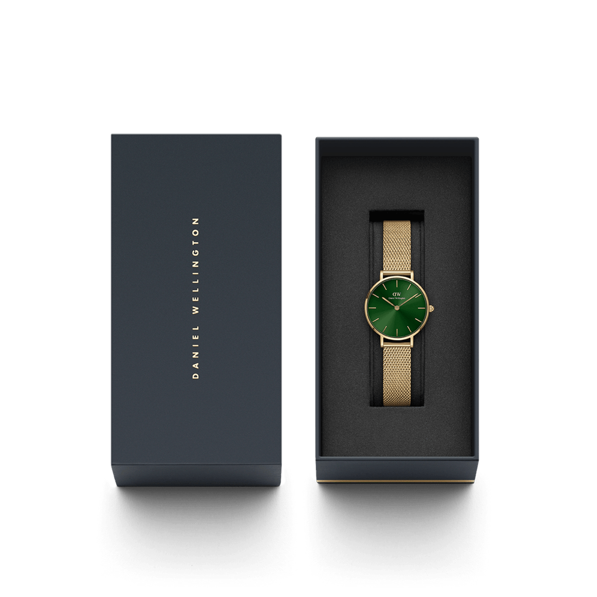 Petite Emerald gold mesh strap watch with an emerald green dial, elegantly presented in a black Daniel Wellington gift box.