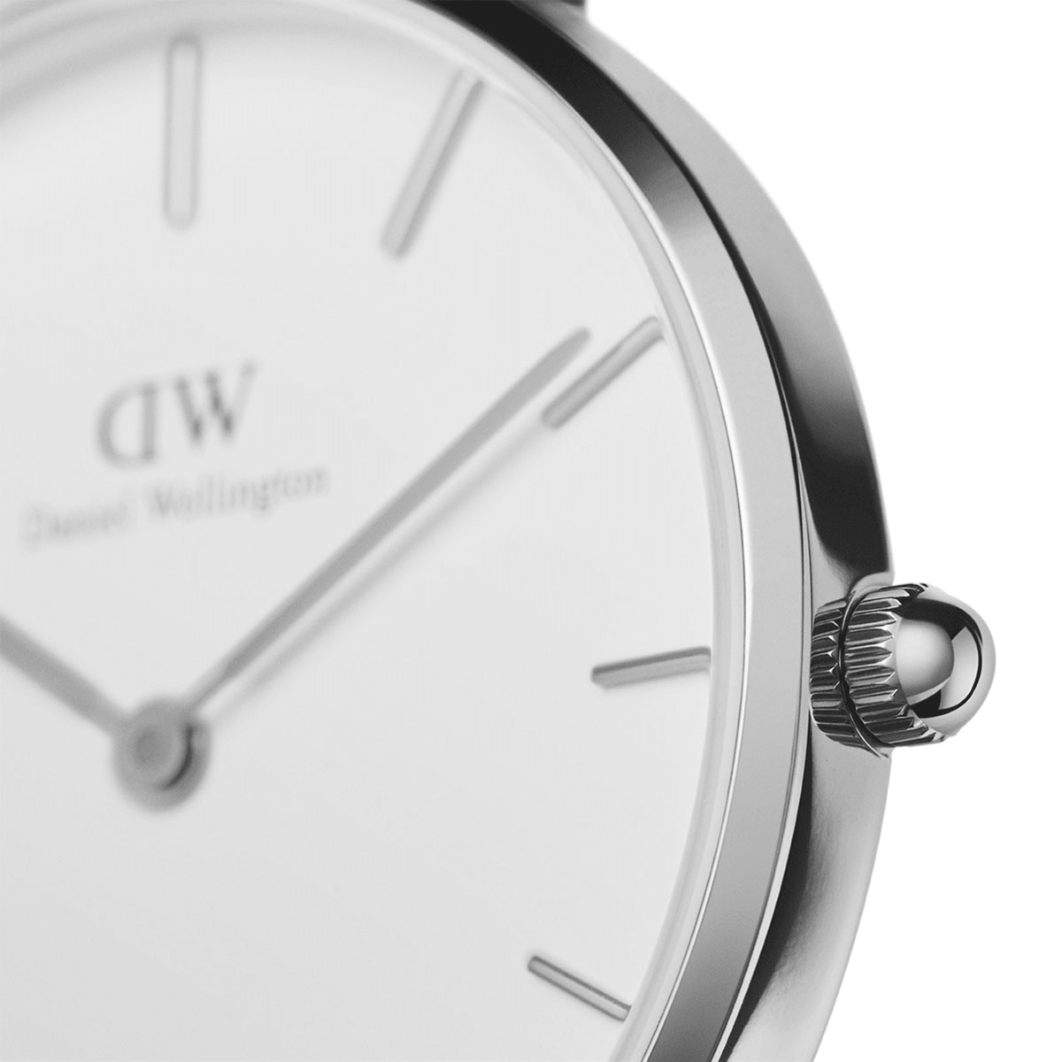 Detail view of the Petite Bondi Silver watch showing the polished silver case, minimalist eggshell white dial, and sleek crown for easy time adjustment.