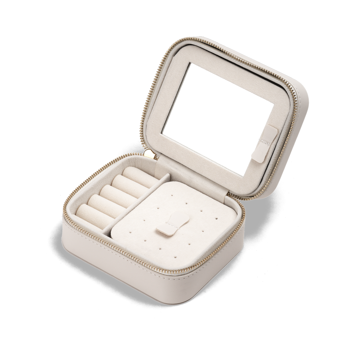 Travel Jewellery Box White with a soft white exterior, gold zip, and plush interior, featuring ring rolls, compartments for earrings and necklaces, a pouch pocket, and a built-in mirror for organised jewellery storage on the go.