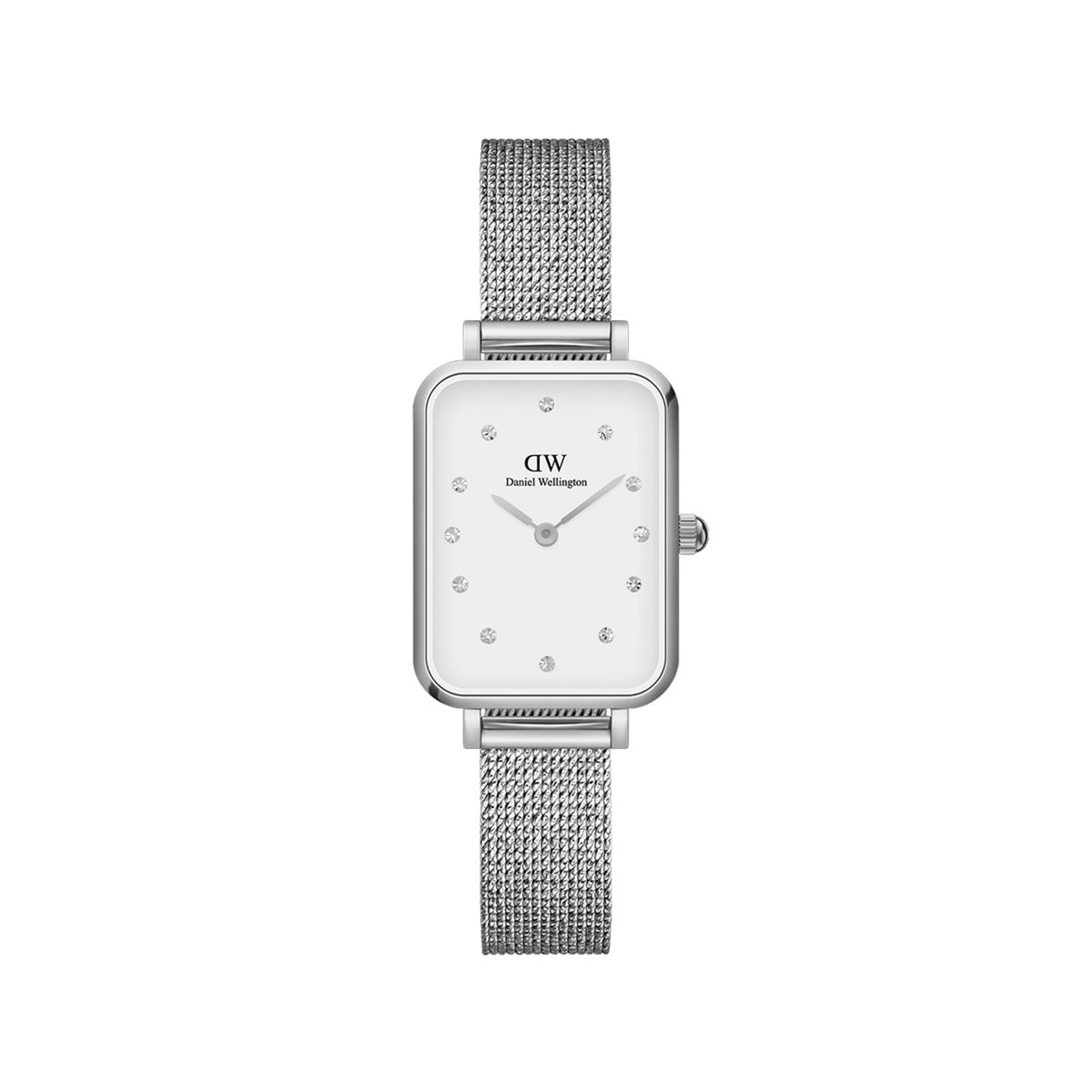 Quadro Lumine Pressed Sterling features a petite rectangular silver case, eggshell white dial with crystal indexes, and a slim silver mesh bracelet, offering a refined and comfortable fit for small wrists.