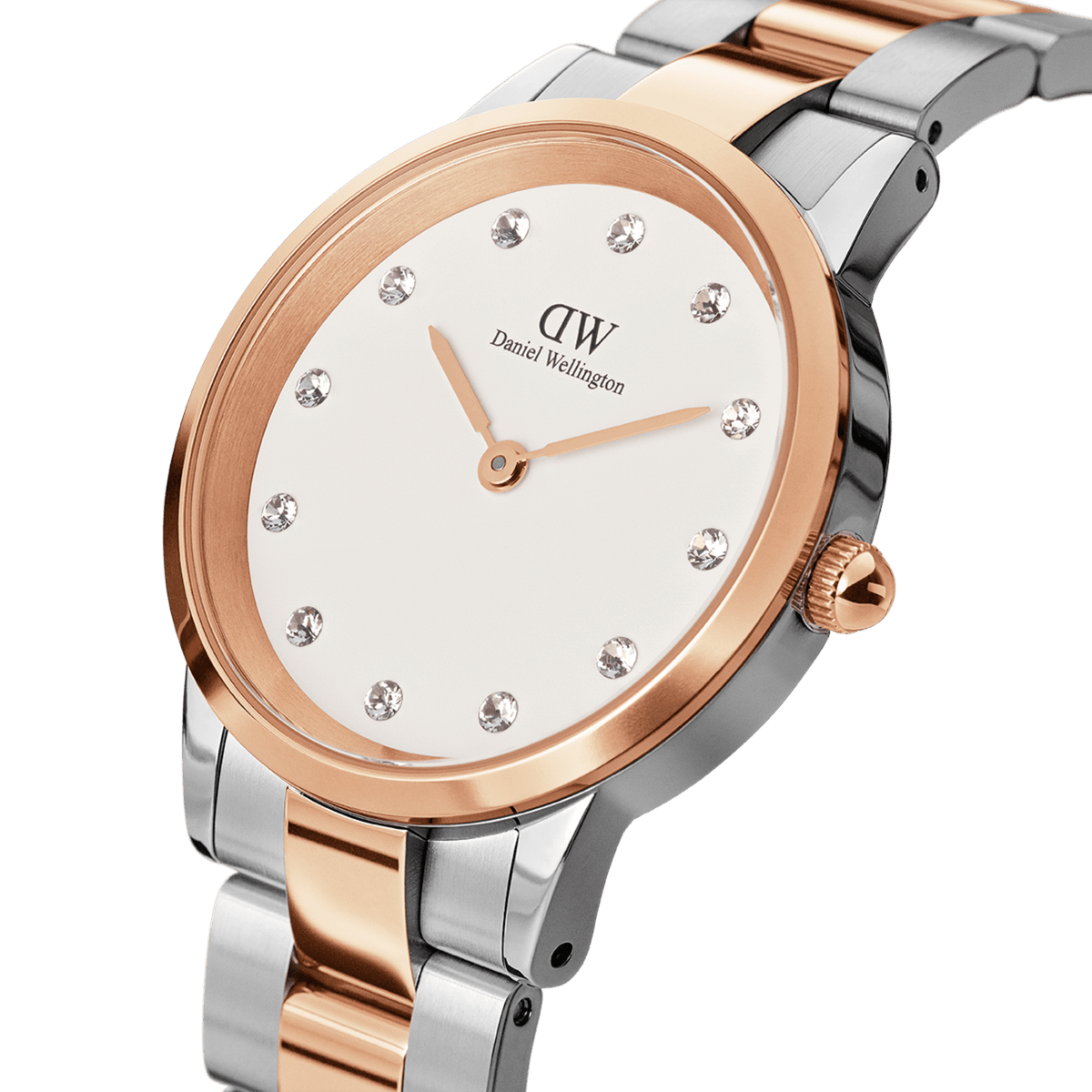 Close-up of the Iconic Link Lumine Rose Gold ladies watch, showcasing its polished rose gold and silver stainless steel bracelet, eggshell white dial, and crystal hour markers for a refined and elegant look.