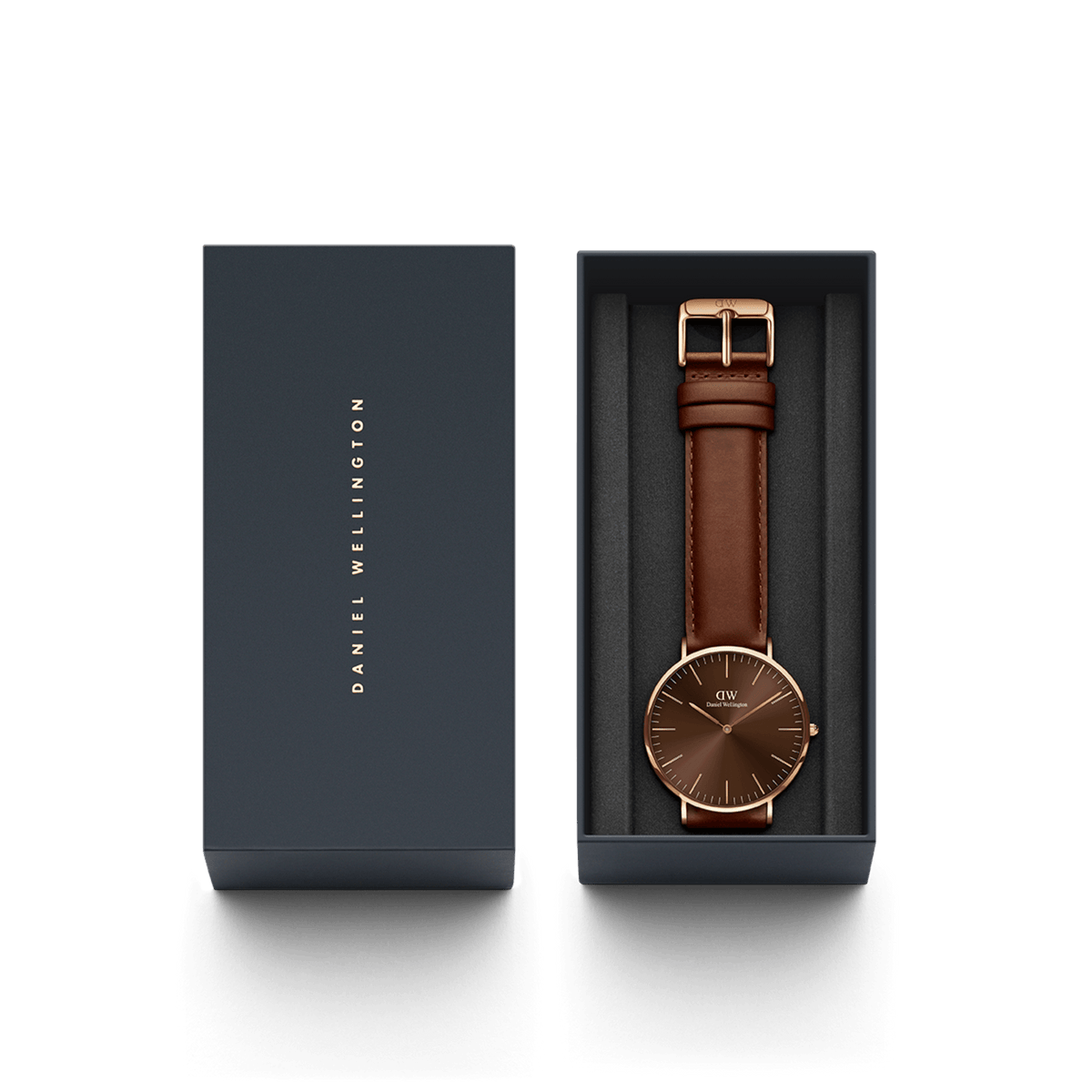 Classic St Mawes Amber Rose Gold watch with a sunray brown dial and brown Italian Nappa leather strap, presented in an elegant Daniel Wellington gift box.