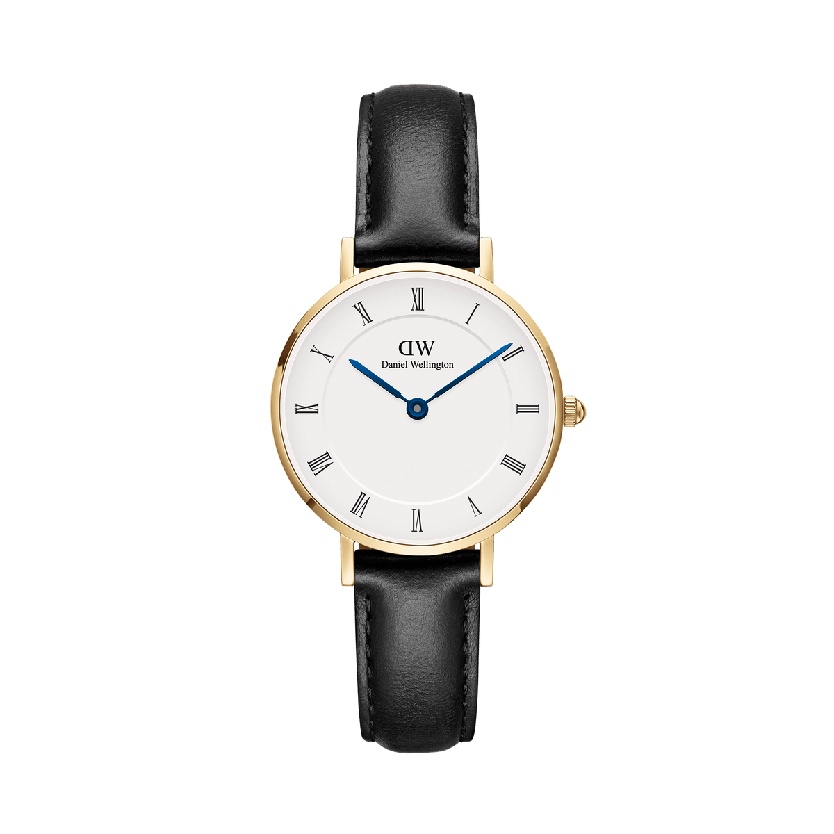 Petite Roman Numerals Sheffield Gold watch with a gold case, white dial featuring Roman numerals and blue steel hands, paired with a slim black leather strap.