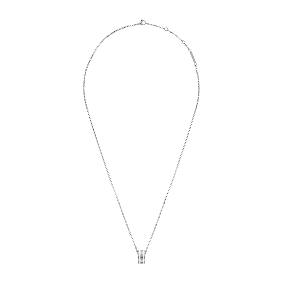 Minimalist silver chain necklace with an adjustable length, featuring a satin white enamel pendant that offers a polished and versatile style suitable for everyday wear.