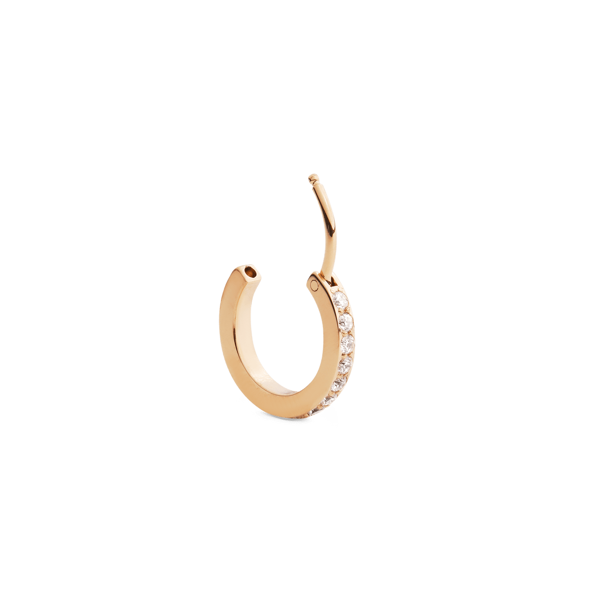 Crystal Hoop Earring Gold with an open clasp, showcasing a slim gold hoop adorned with cubic zirconia crystals along the front edge.