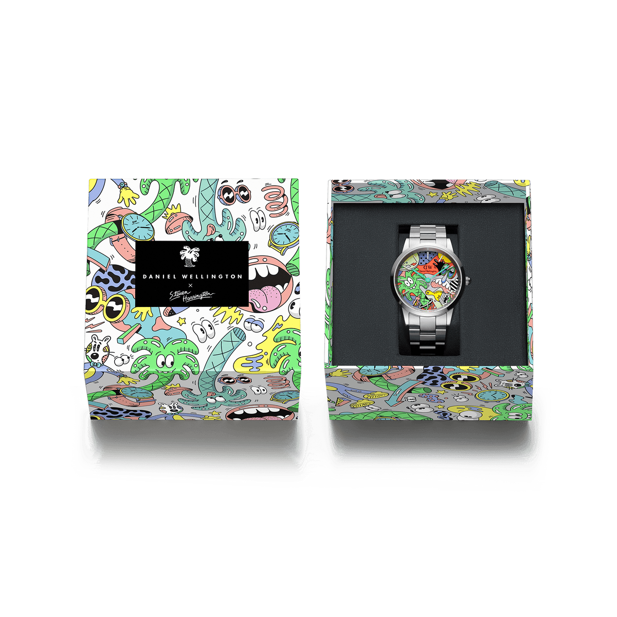Daniel Wellington Iconic Link Multicolor Silver watch with Steven Harrington’s illustrated dial, presented in exclusive packaging featuring matching colourful artwork, ideal for collectors and art lovers.