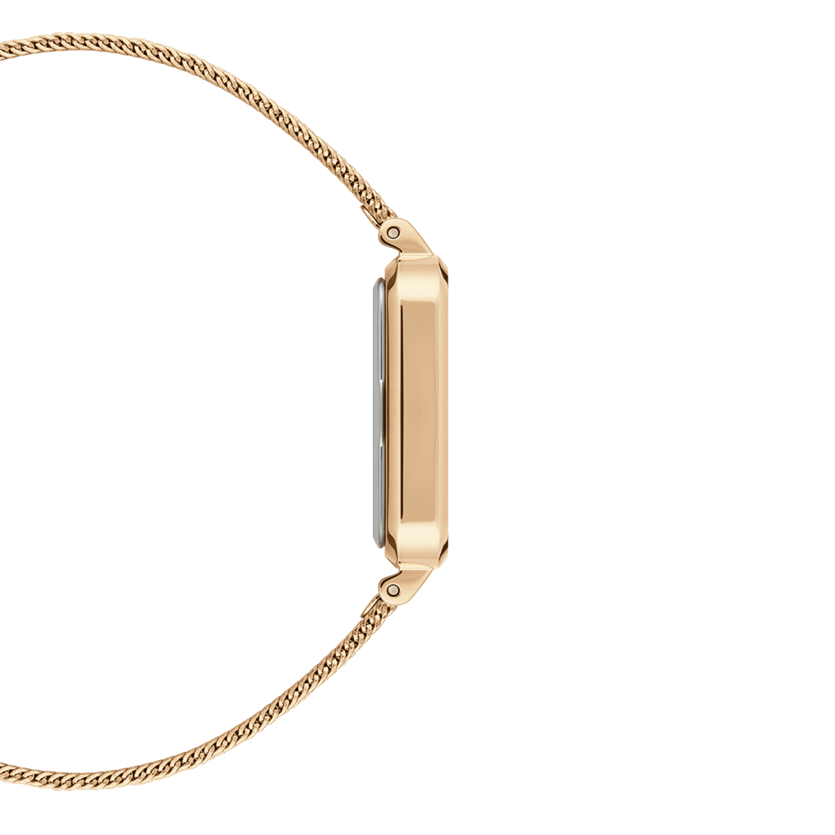 Side profile of the Quadro Pressed Unitone Gold watch, showing its slim rectangular gold case and flexible pressed mesh strap.