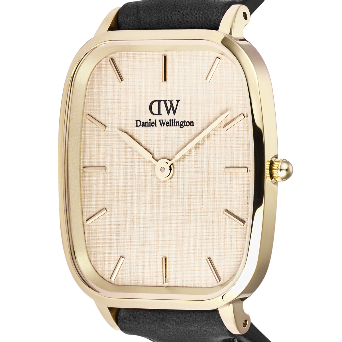 Marlon Sheffield Linen Gold men's watch featuring a polished gold cushion-shaped case, linen-textured dial, minimalist gold hour markers, and a classic black leather strap, highlighting its elegant and versatile design.