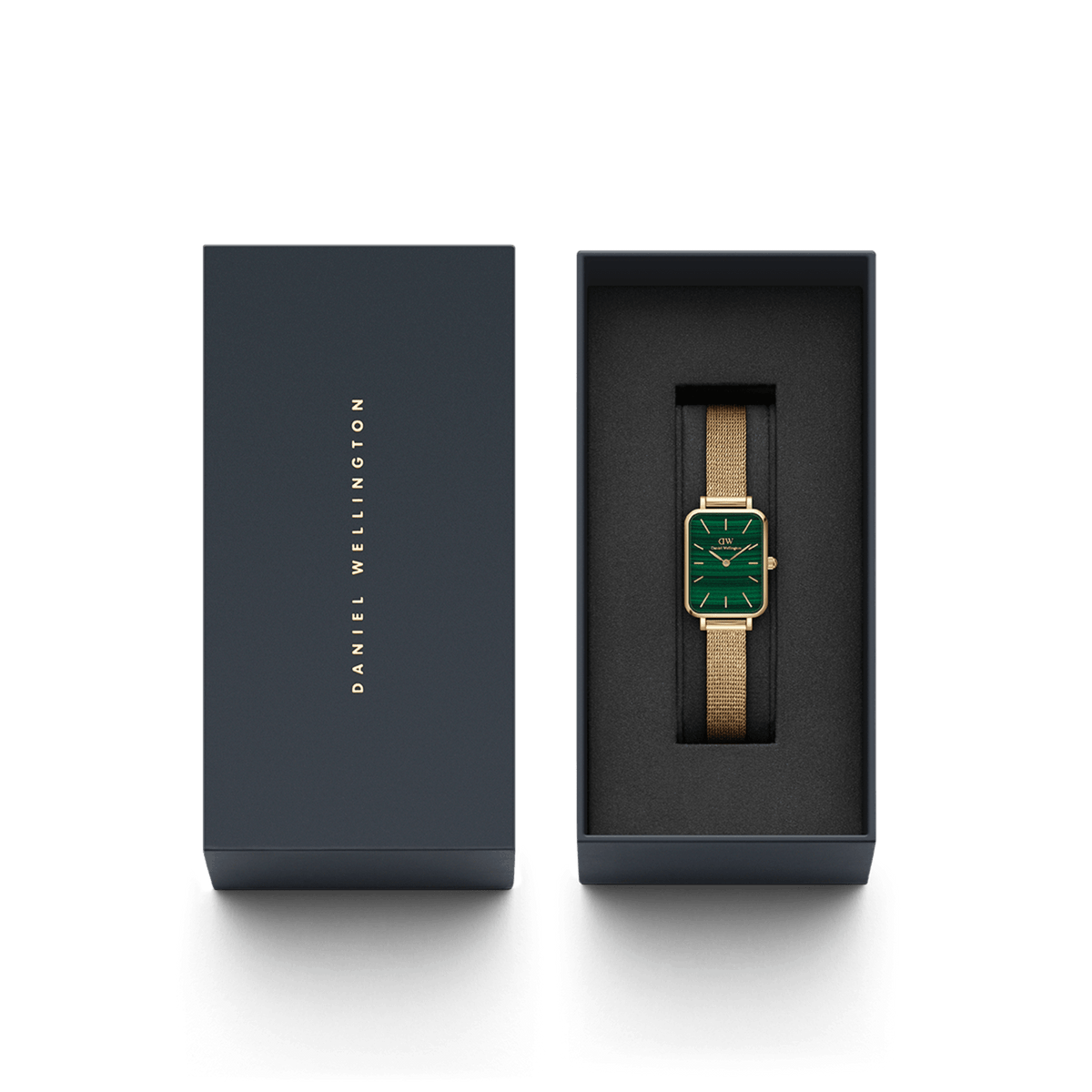 Quadro Pressed Evergold Green Gold watch for women presented in a sleek Daniel Wellington gift box, featuring a rectangular gold case, green dial, and gold mesh bracelet.