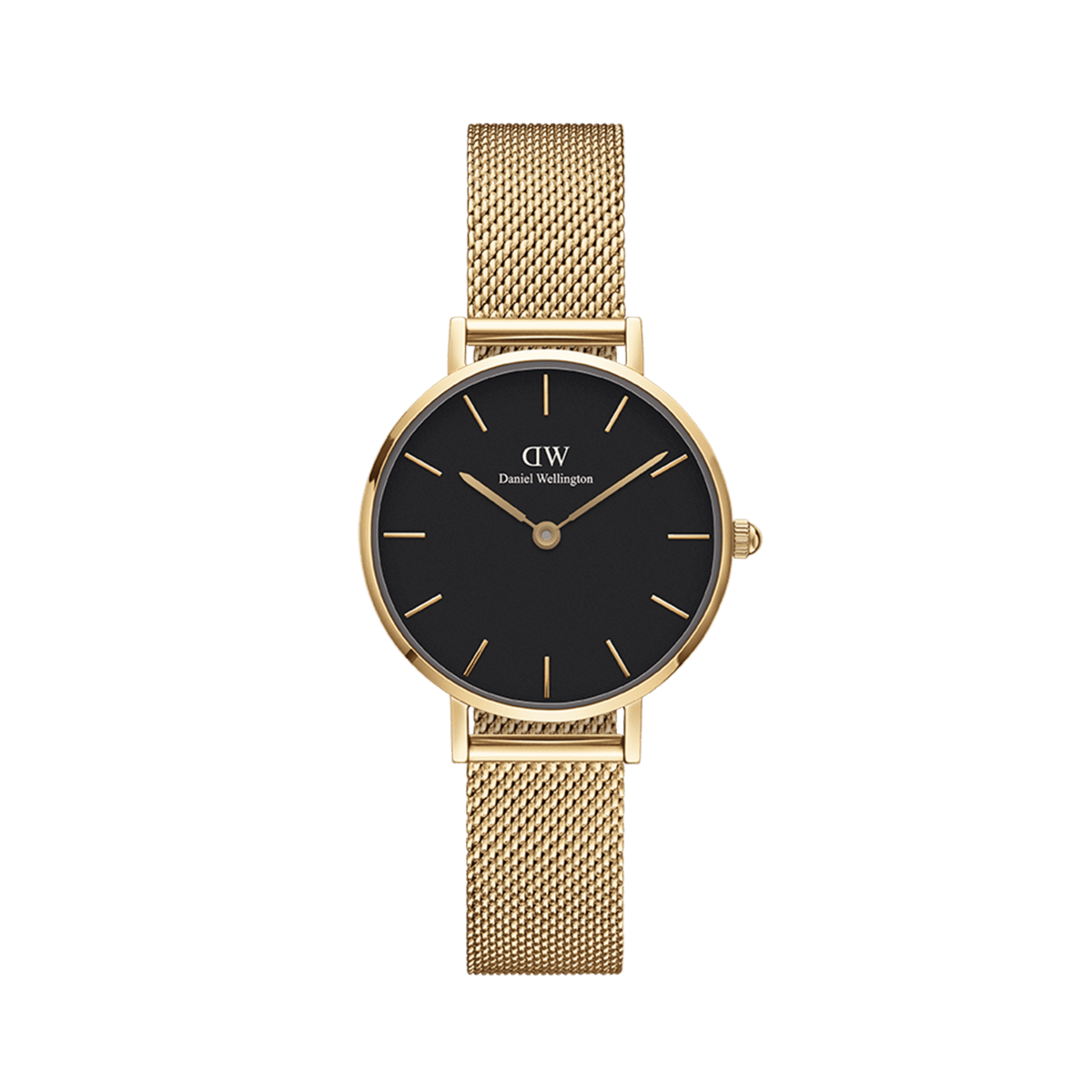 Petite Evergold Black gold mesh strap watch with a minimalist black dial and slim gold hour markers, designed for women seeking a modern, elegant accessory suitable for daily wear.