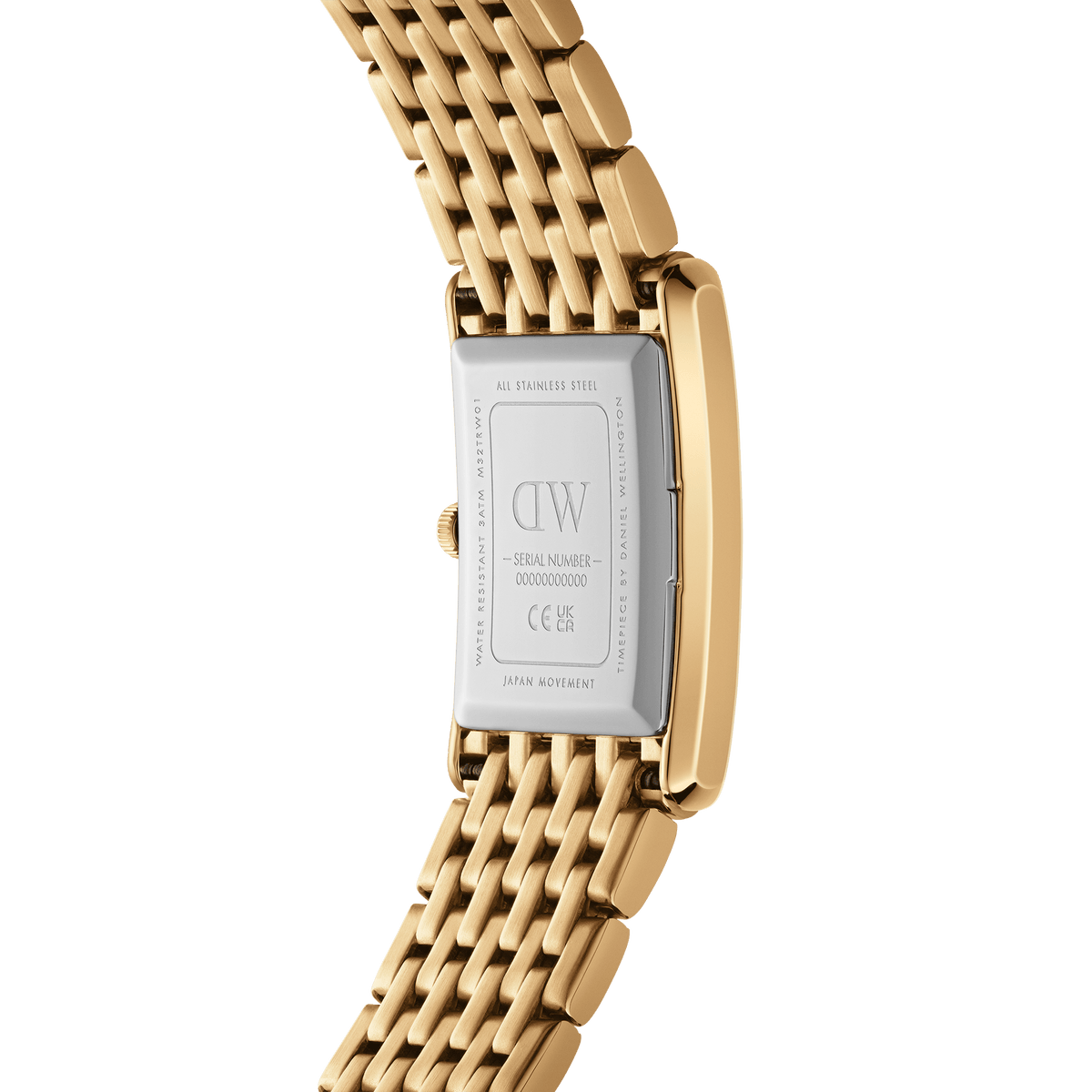 Back view of the Bound 9-Link Gold watch showing the stainless steel case, engraved details, and the integrated gold 9-link bracelet.