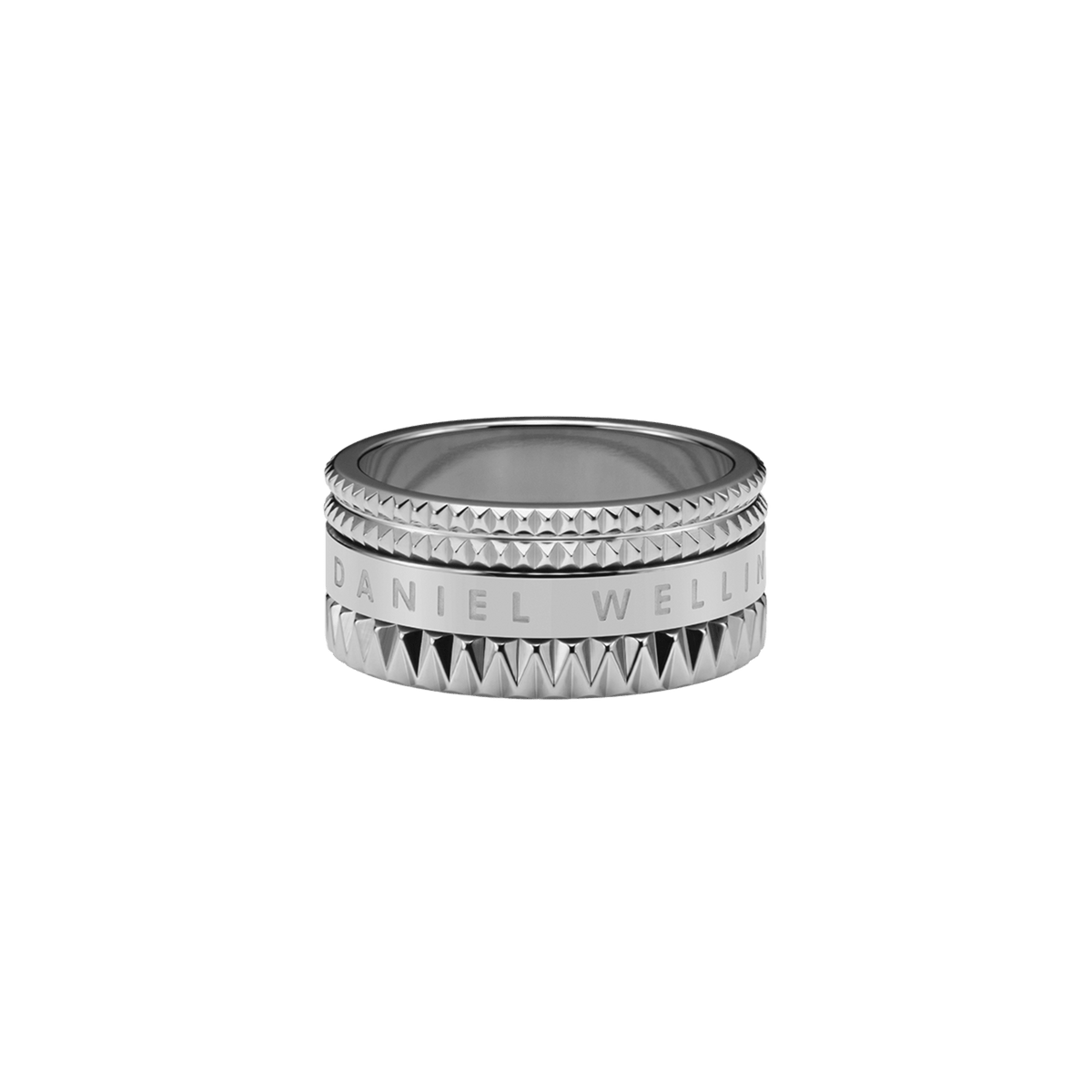 Elevation Ring Silver by Daniel Wellington featuring a wide stainless steel band, geometric textured edges, and a polished engraved centre for a bold, modern look.