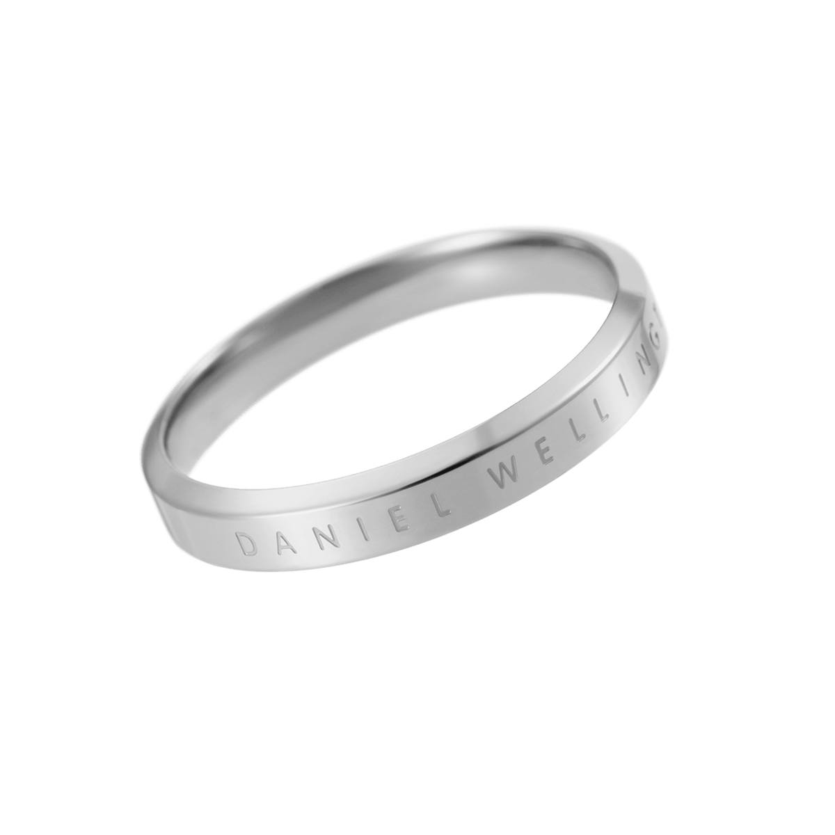 Classic Ring in silver stainless steel with a minimalist band design and subtle engraved Daniel Wellington branding on the outer edge.