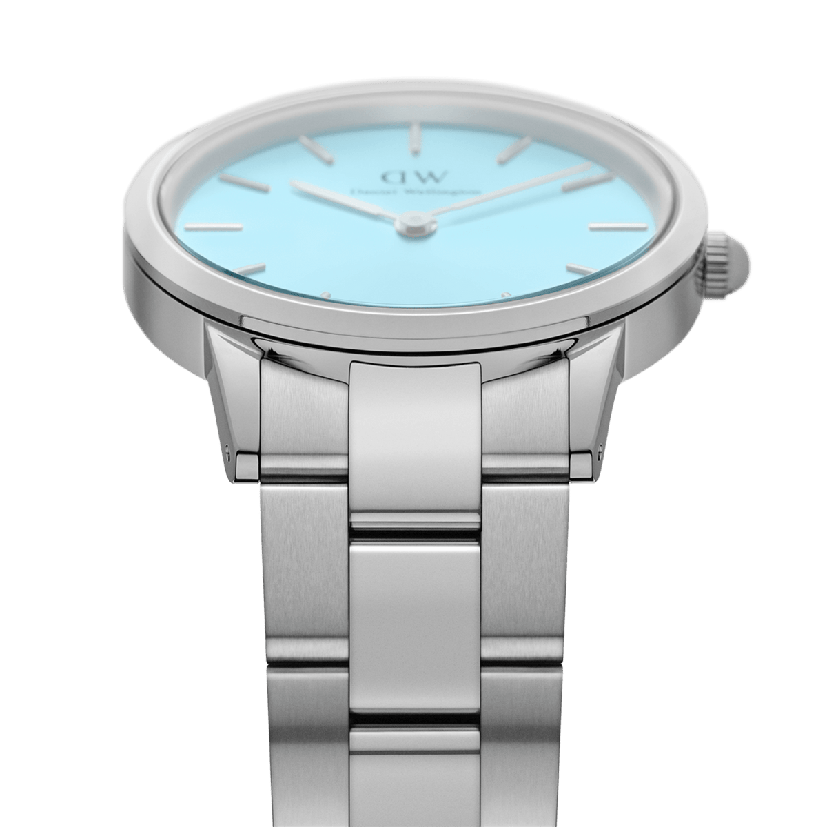 Side view of the Iconic Link Capri women’s watch, highlighting the brushed stainless steel bracelet and the pastel blue dial with minimalist detailing.