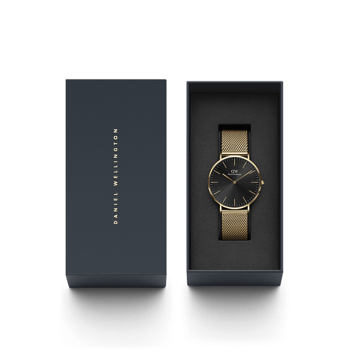 Classic Mesh Onyx Gold watch with a black sunray dial and gold mesh strap, elegantly presented in a dark gift box with Daniel Wellington branding, ideal for gifting or special occasions.