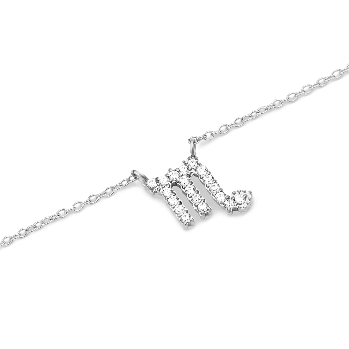 Crystal Zodiac Chain Necklace Silver featuring a Scorpio zodiac pendant crafted in silver and embellished with hand-set crystals, suspended on a fine silver chain.