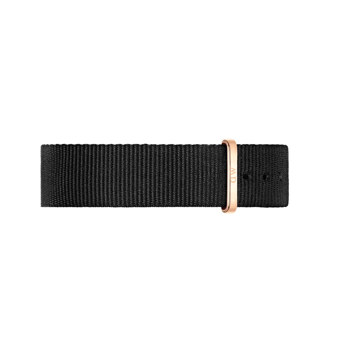 Black NATO style polyester watch strap with an adjustable rose gold buckle, designed for the Classic Cornwall Black Rose Gold watch.
