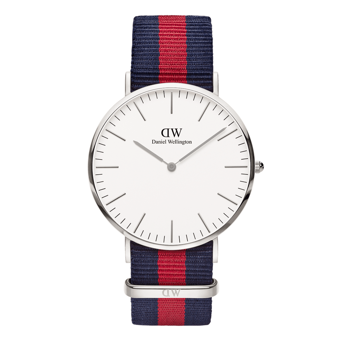 Classic Oxford Silver watch with a stainless steel case, minimalist white dial, and a blue and red striped NATO style polyester strap, designed for versatile everyday wear.