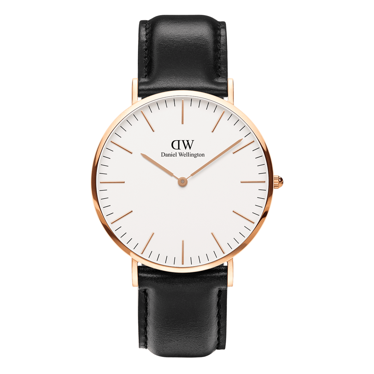 Classic Sheffield Rose Gold watch with a round eggshell white dial, slim rose gold markers and hands, and a smooth black leather strap for a timeless, versatile look.