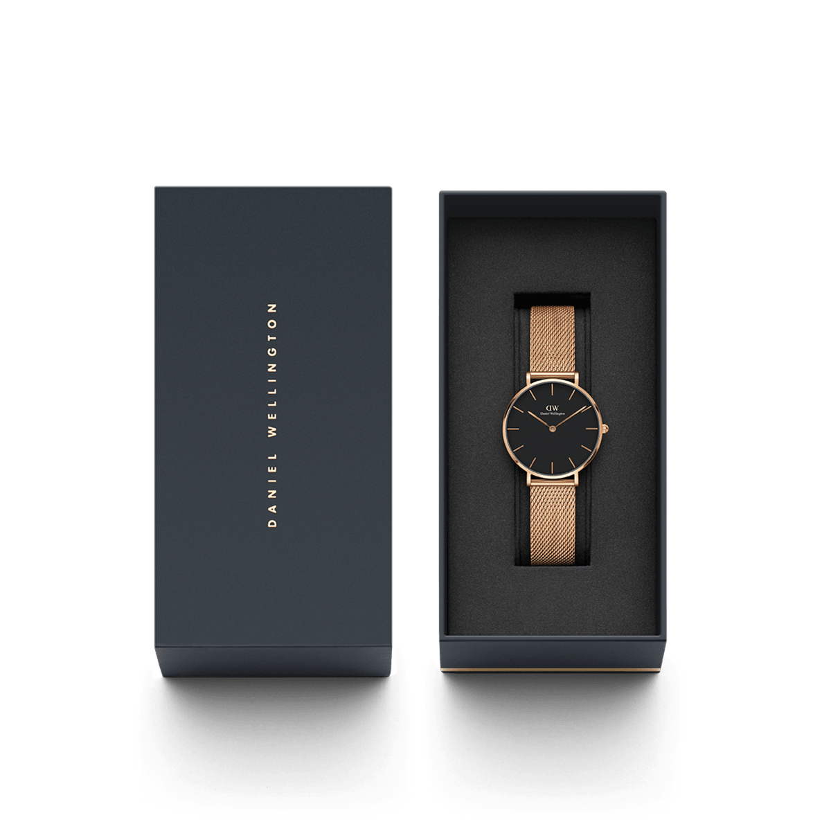 Petite Melrose Black Rose Gold watch with a black dial and rose gold mesh strap presented in a sleek Daniel Wellington gift box, ideal for gifting or adding to your collection.