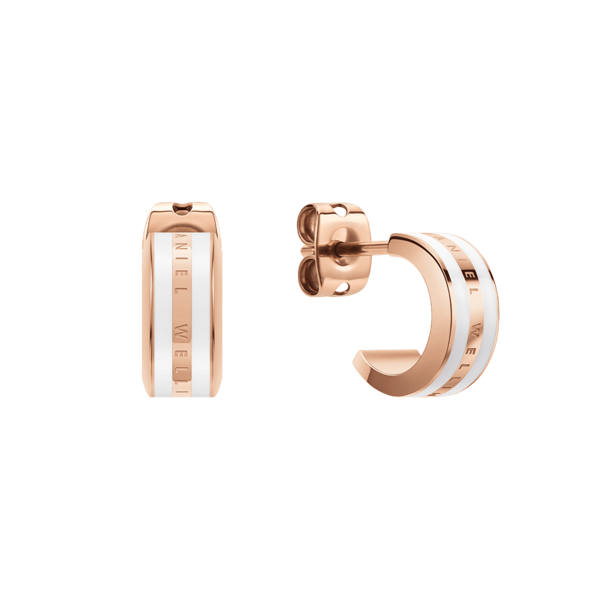 A pair of Daniel Wellington Emalie Earrings in rose gold with a satin white enamel stripe, featuring a minimalist huggie design and engraved branding, shown from both front and side angles.
