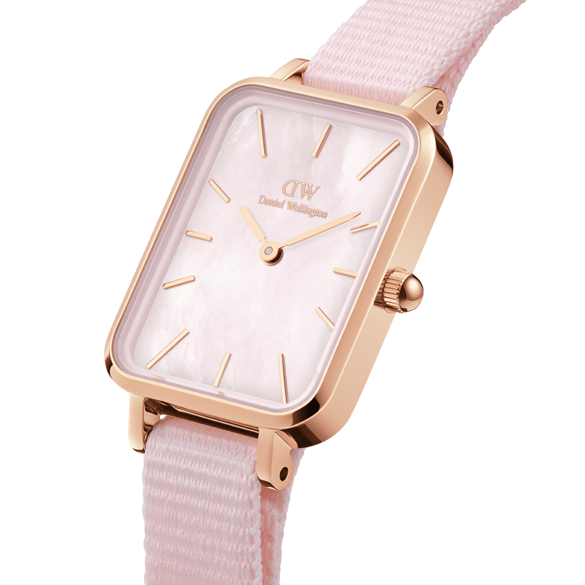 Quadro Coral Pink MoP Rose Gold features a rectangular rose gold case, pink mother of pearl dial, minimalist hour markers, and a soft pink NATO strap, highlighting its refined and feminine design for everyday wear.