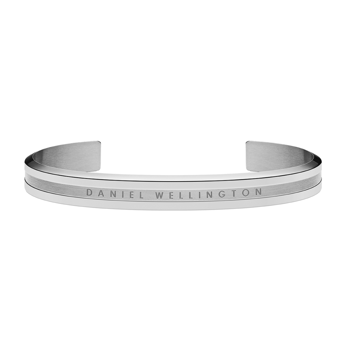 Elan Bracelet Silver features a slim, open cuff design in polished stainless steel with the Daniel Wellington logo engraved across the front, offering a versatile and modern jewellery option for men and women.