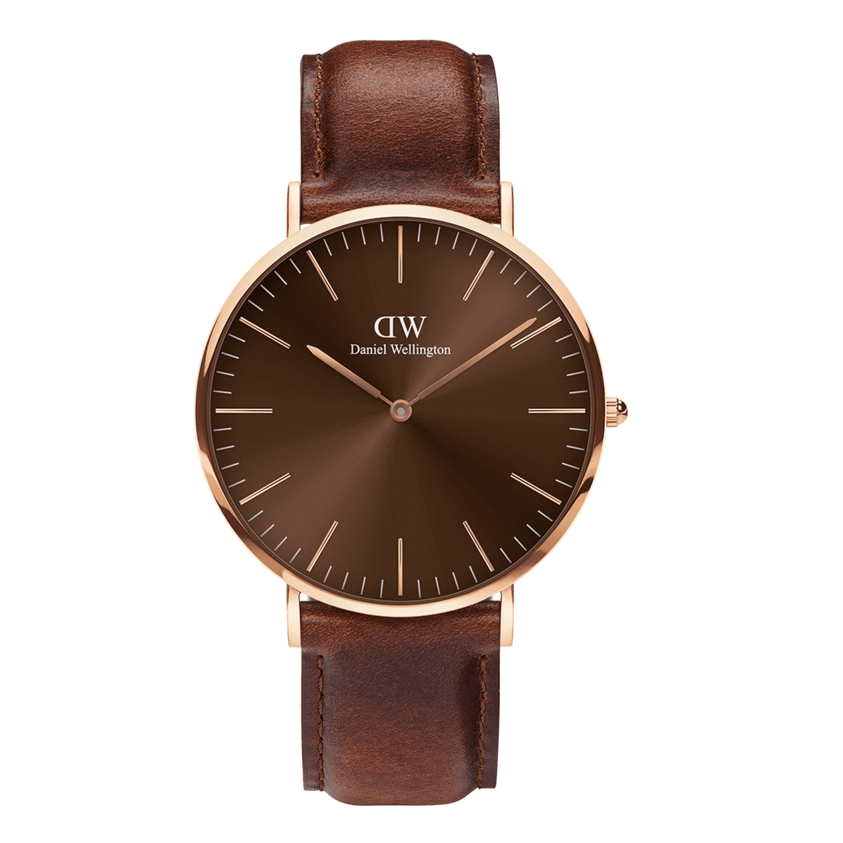 Classic St Mawes Amber Rose Gold men’s watch with a sunray brown dial, minimalist rose gold case, and a brown Italian Nappa leather strap, featuring simple hour markers and a polished buckle for a refined, versatile look.