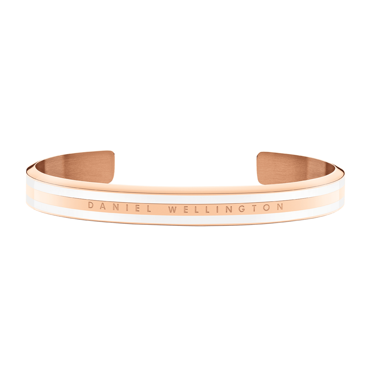 Emalie Slim Bracelet Rose Gold features a slender rose gold cuff with satin white enamel accents and the Daniel Wellington logo engraved on the front, offering a minimalist and elegant jewellery option for everyday wear.