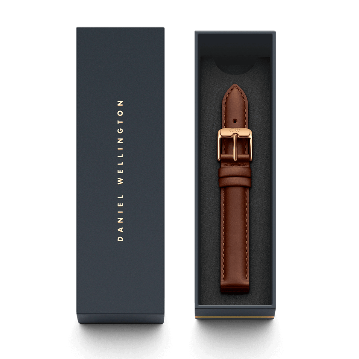 St Mawes Strap Rose Gold presented in a Daniel Wellington gift box, featuring a genuine brown leather watch strap with a rose gold buckle and fine stitching, ideal for gifting or updating your timepiece.