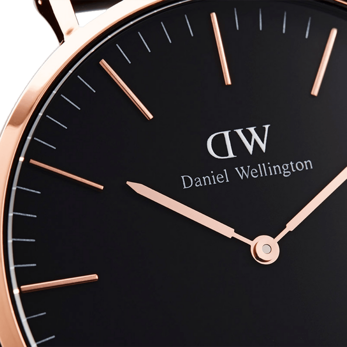 Close-up of the Classic Reading Black Rose Gold watch, highlighting the minimalist black dial, rose gold hands and markers, and the refined rose gold case.