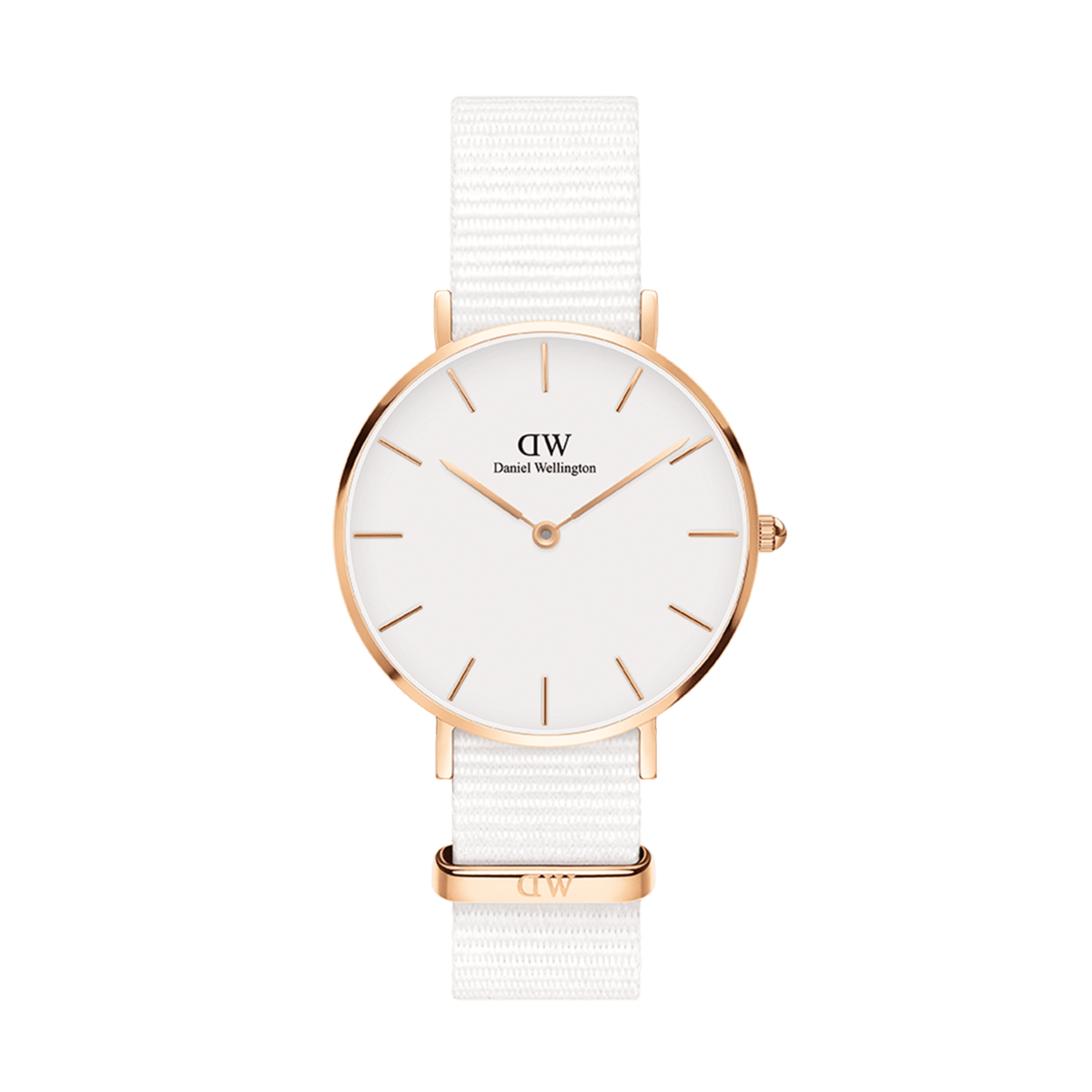 Petite Dover Rose Gold ladies watch with a slim rose gold case, minimalist white dial, and an adjustable white NATO fabric strap, offering a refined and modern style.
