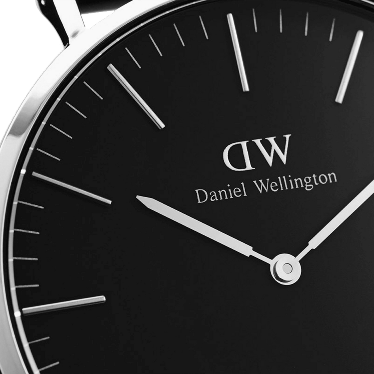Close-up of the Classic Sheffield Black Silver watch showing the black dial, slim silver hour markers, and polished silver hands, highlighting the minimalist design and refined detailing.