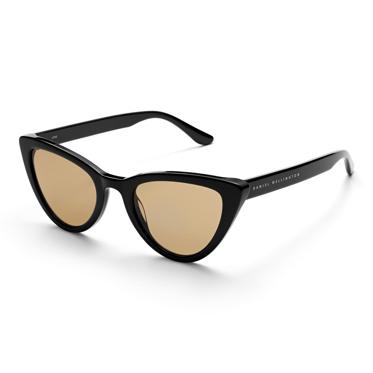 Lynx Bio-Acetate Black/Yellow sunglasses featuring a bold black cat eye frame, yellow nylon lenses, and subtle branding on the arms, designed for stylish UV400 protection and everyday comfort.