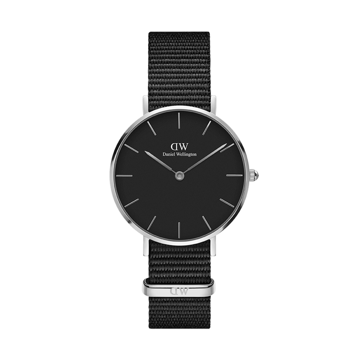 Petite Cornwall Black Silver features a slim silver case, minimalist black dial, and an all-black NATO strap, offering a modern and versatile look ideal for smaller wrists.