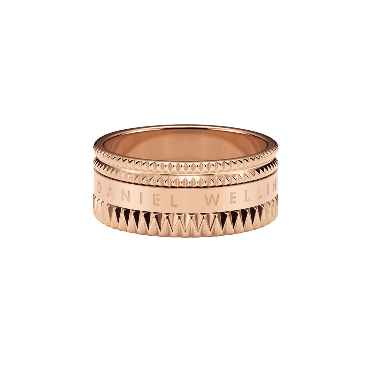 Elevation Ring Rose Gold with a wide band, geometric textured detailing, and the Daniel Wellington logo engraved around the centre, finished in polished rose gold.