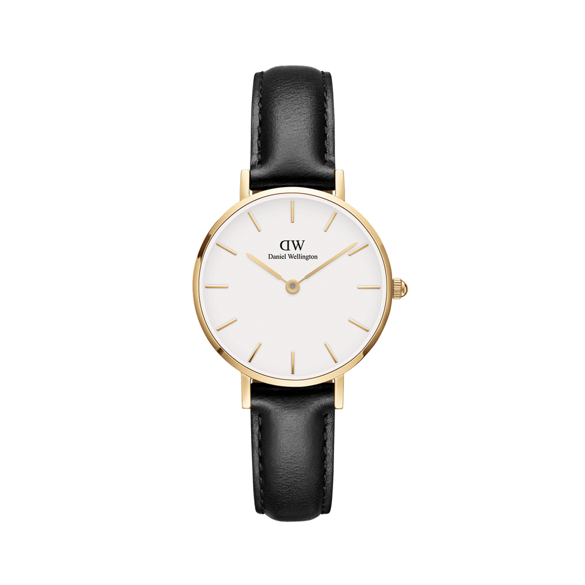 Petite Sheffield Gold watch with a slim gold-plated case, minimalist white dial, and a black genuine leather strap, designed for women seeking a classic and refined accessory.