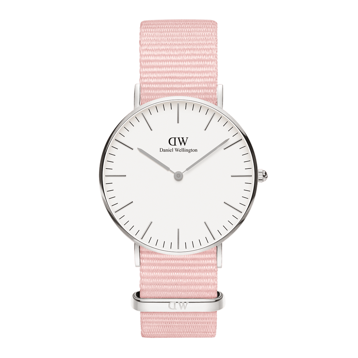 Classic Rosewater Silver watch with a stainless steel case, minimalist white dial, and a soft pink NATO strap, showcasing a clean and versatile design suitable for everyday wear.