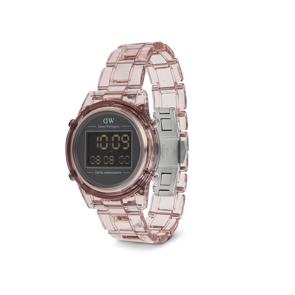 Retro Digital Dark Pink Dark Pink women’s watch with a transparent pink bio-based plastic strap, round black digital dial, and stainless steel butterfly clasp, showcasing a modern retro style.